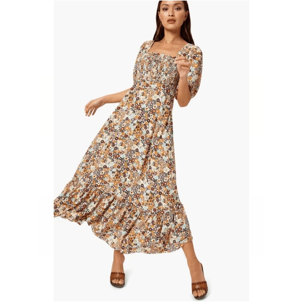 Traffic People Talamanca Smocked Puff Sleeve Midi Dress Medium